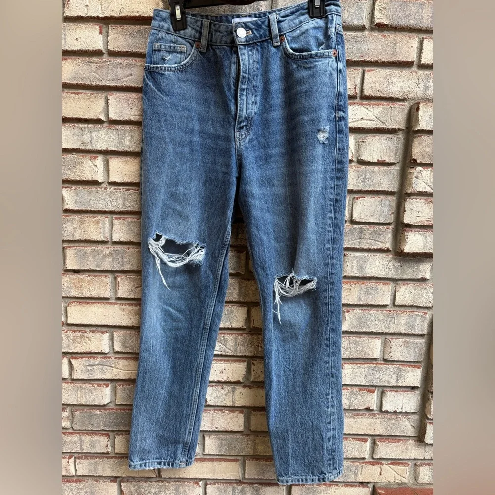 Zara Jeans Womens Blue Denim Cotton High Rise Distressed Straight Leg Size 6 - Picture 1 of 9